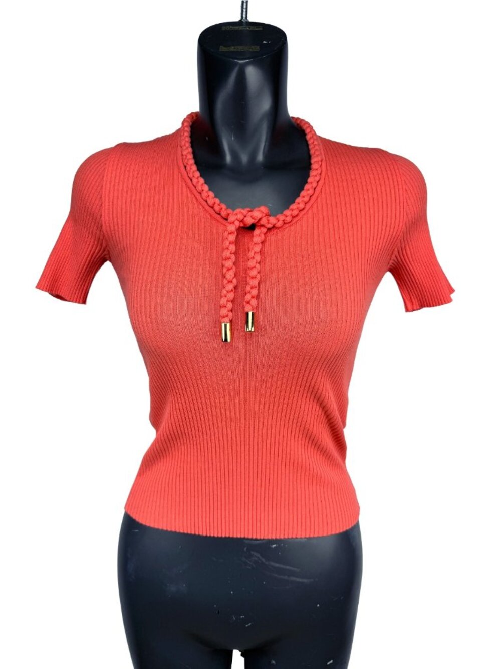 PAULE KA Designer Coral Ribbed Knit Short Sleeve Braided Tie Neckline Top M